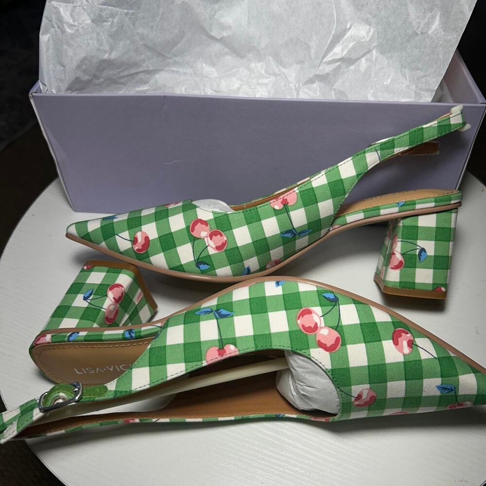 Lisa Vicky green gingham cherry print high heel mules